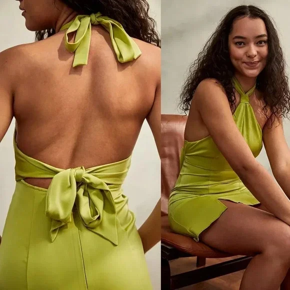 Urban Outfitters Jillian Satin Halter Mini Dress in Light Green Size Large NWOT - Picture 13 of 13